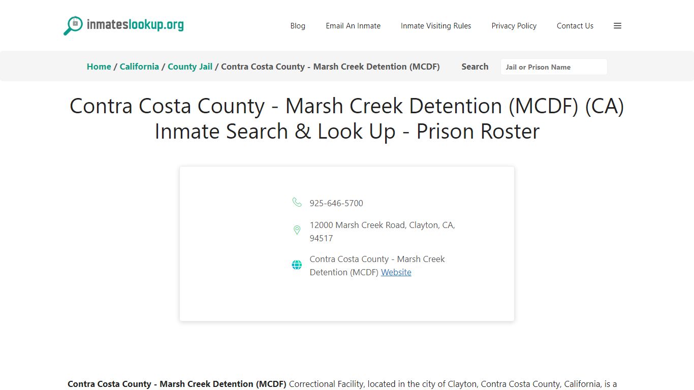 Contra Costa County - Marsh Creek Detention (MCDF) (CA) Inmate Search ...