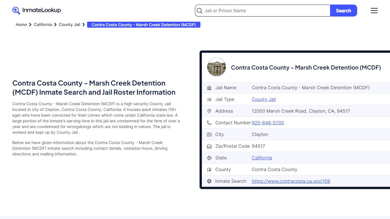 Contra Costa County - Marsh Creek Detention (MCDF) Inmate Search, Jail ...